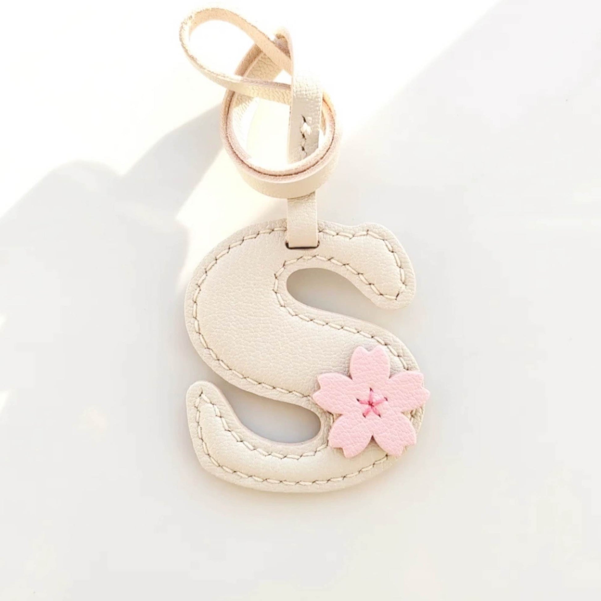 Customized Sakura Letter Bag Charm - Leather Letter S With Cherry Blossom Keychain