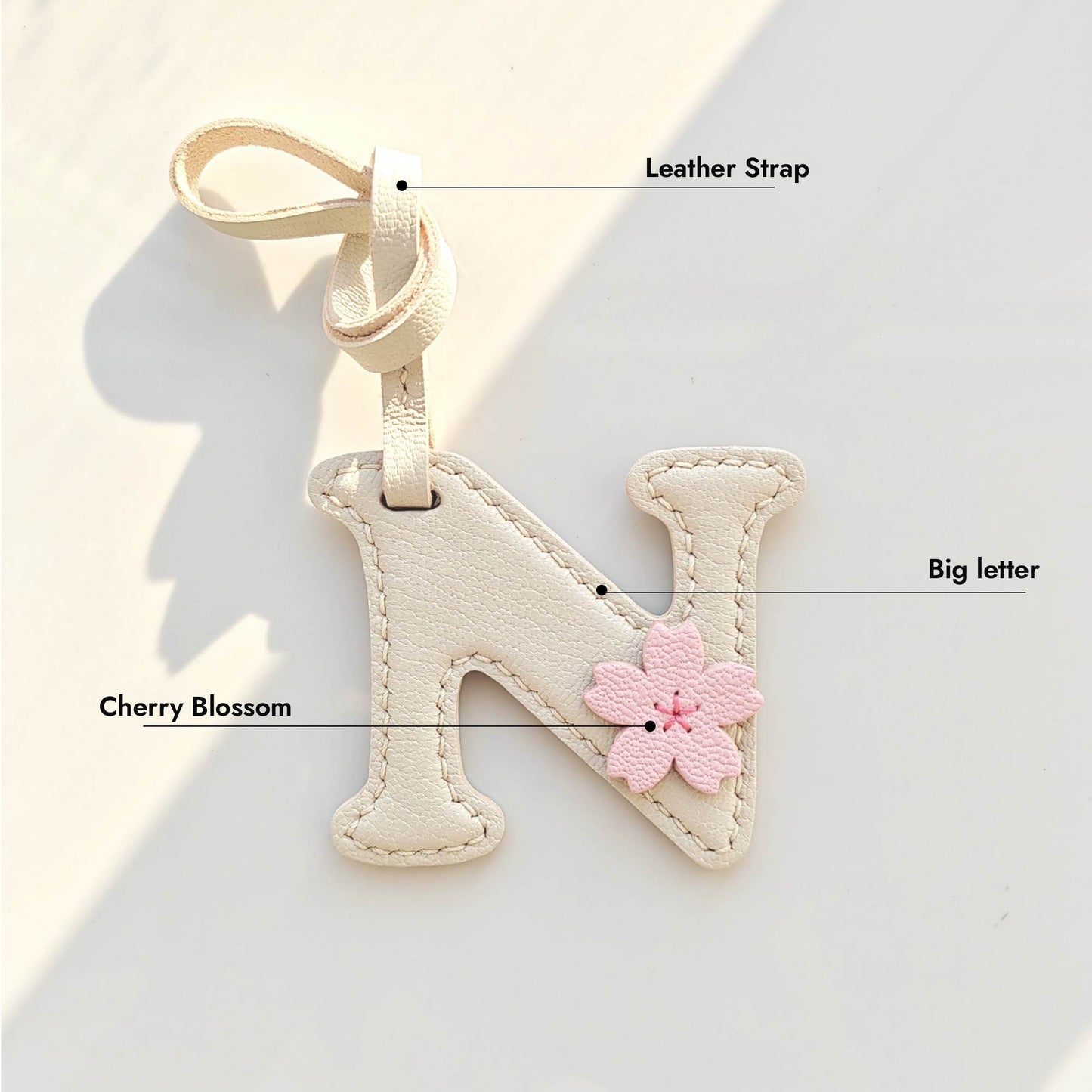 Customized Sakura Letter Bag Charm - Leather Letter N With Cherry Blossom Keychain