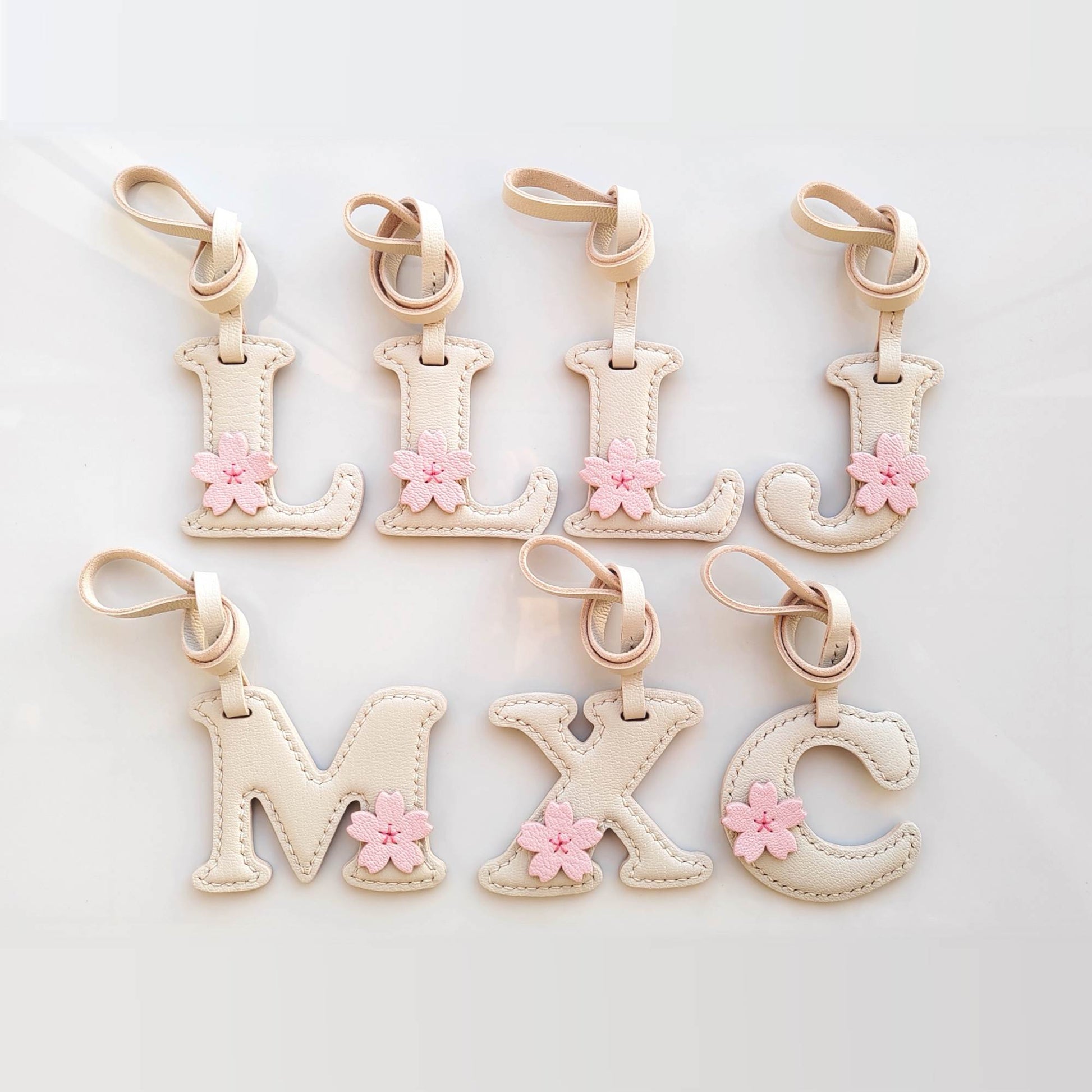 Customized Sakura Letter Bag Charm - Leather Letter With Cherry Blossom Keychain