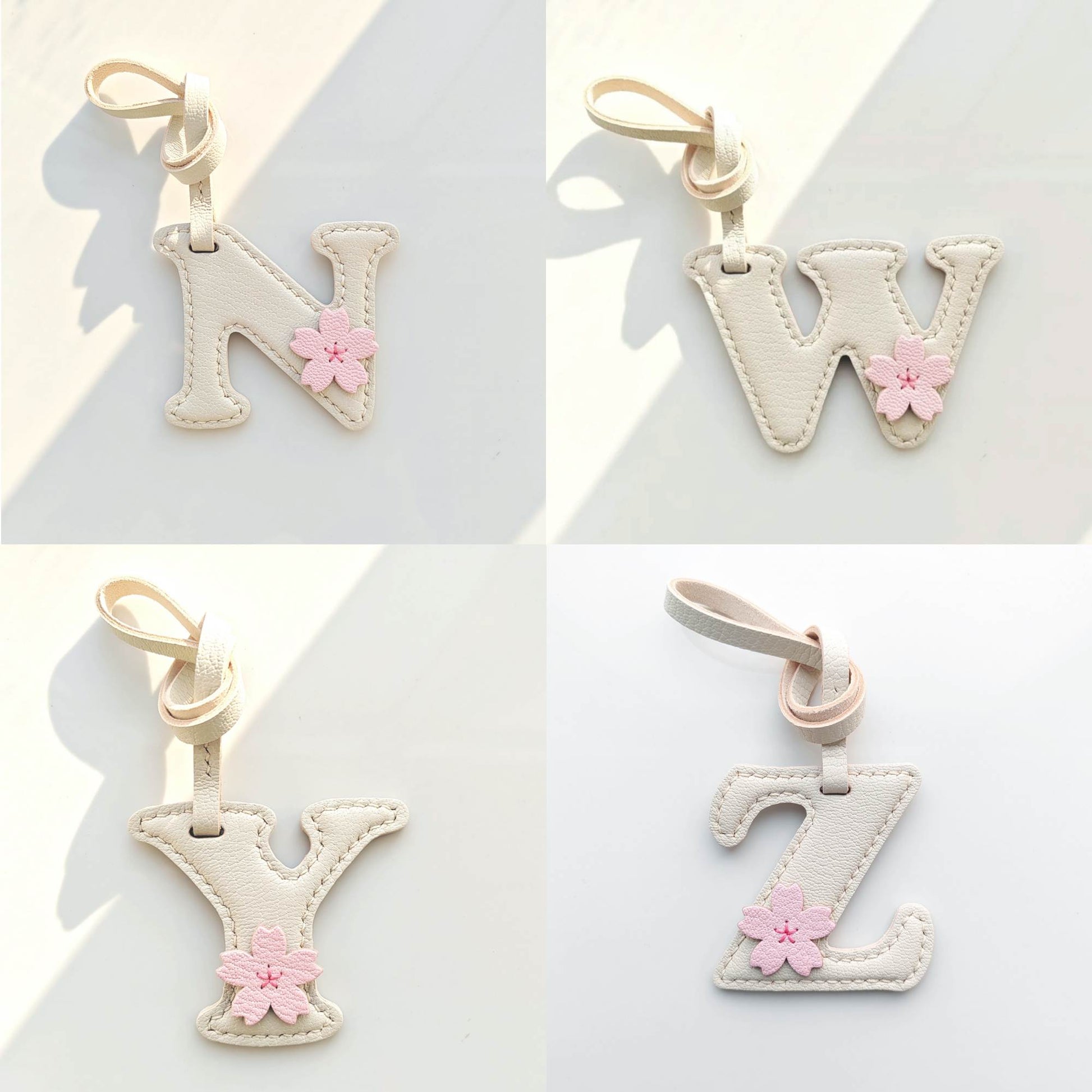 Customized Sakura Letter Bag Charm - Leather Letter With Cherry Blossom Keychain