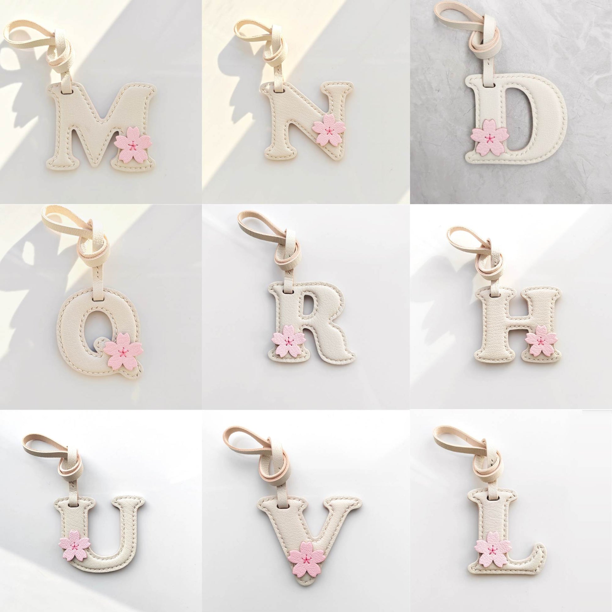 Customized Sakura Letter Bag Charm - Leather Letter With Cherry Blossom Keychain