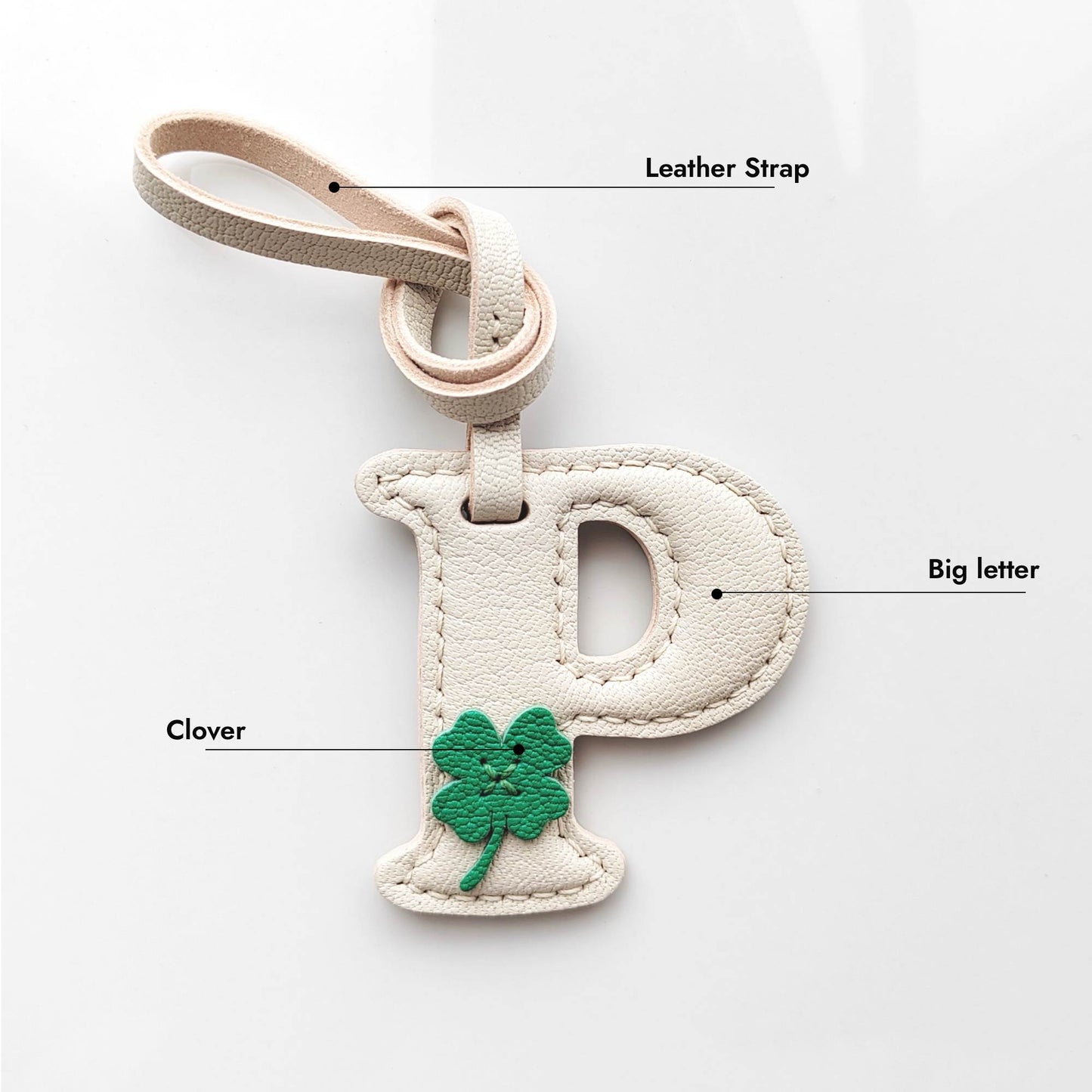 Customized Letter Bag Charm - Leather Initials Letter With Clover Leaf Keychain