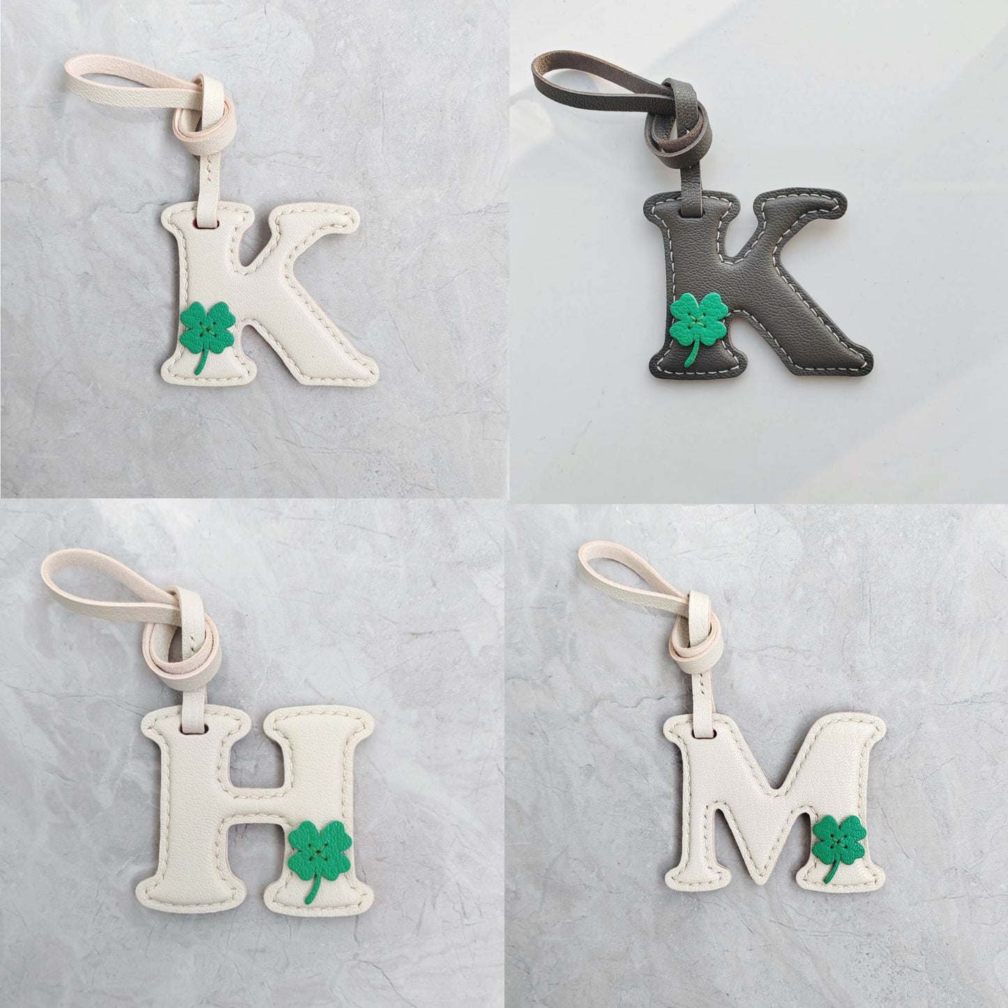 Customized Letter Bag Charm - Leather Initials Letter With Clover Leaf Keychain