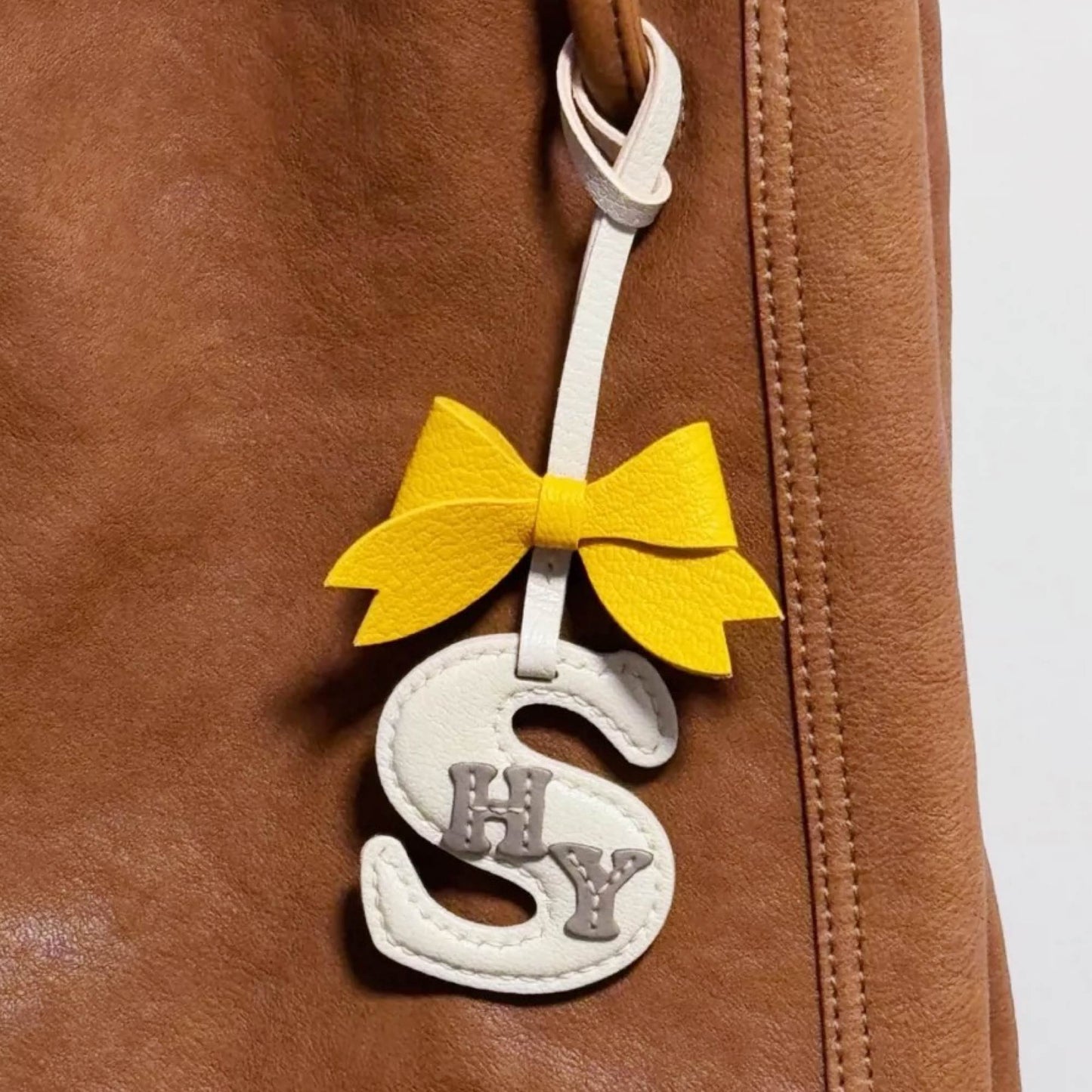 Customized Bow Letter Bag Charm - Leather Letter S With Yellow Big Bow Keychain