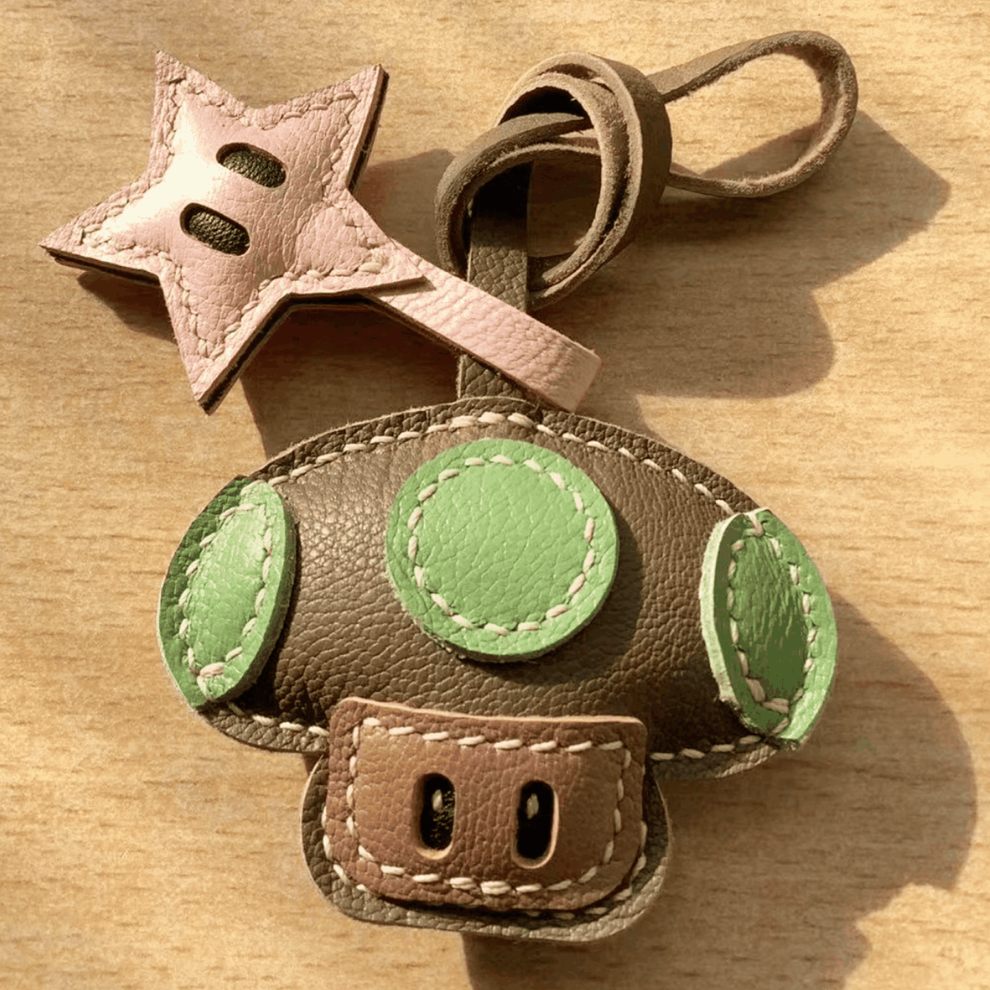 Leather Bag Charm - Green Retro Game Inspired Mushroom Keychain | WittyWilding