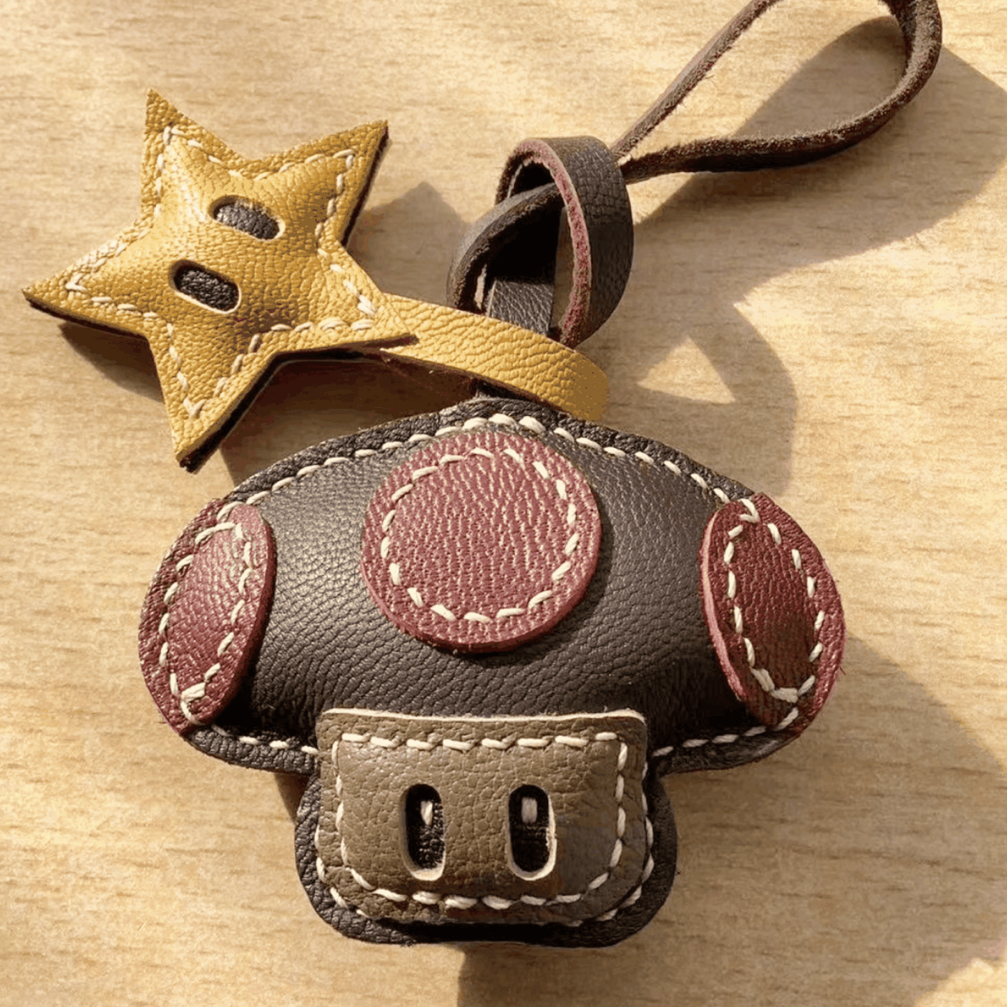 Leather Bag Charm - Red Brown Retro Game Inspired Mushroom Keychain | WittyWilding