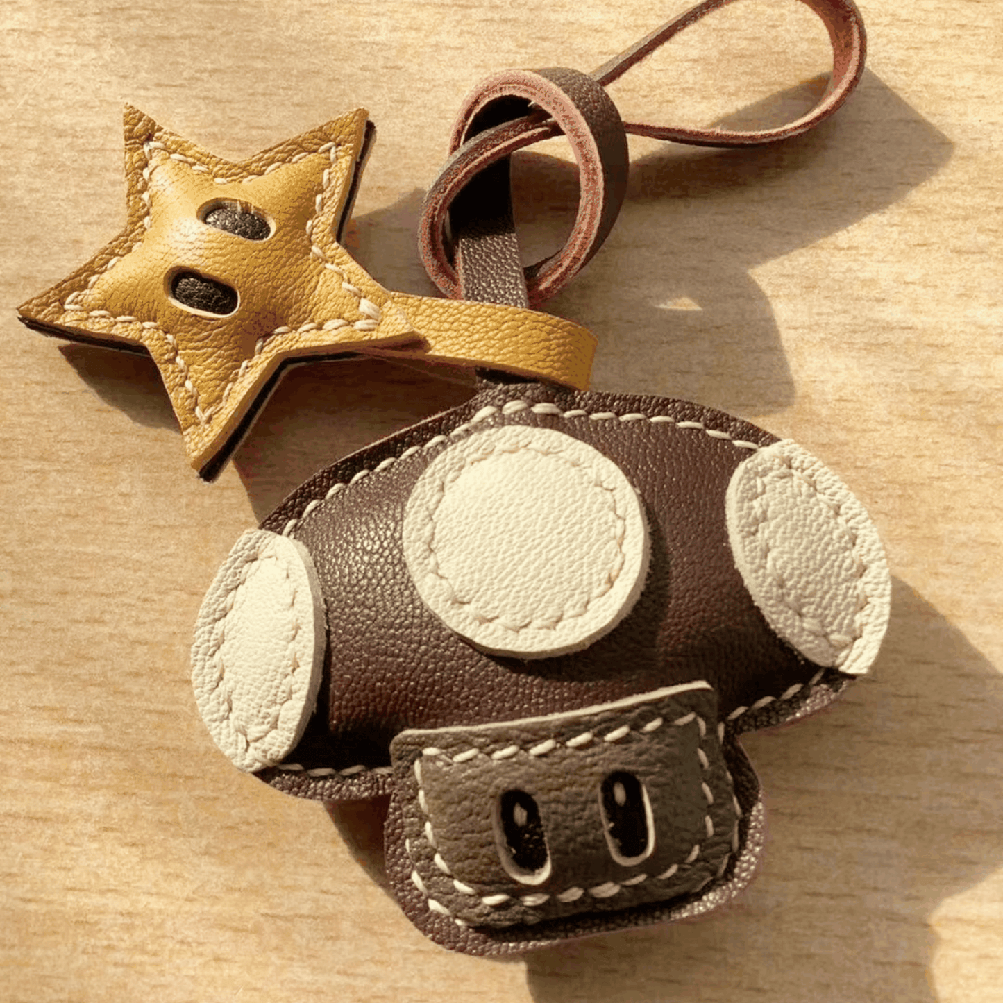 Leather Bag Charm - Dark Brown Retro Game Inspired Mushroom Keychain | WittyWilding