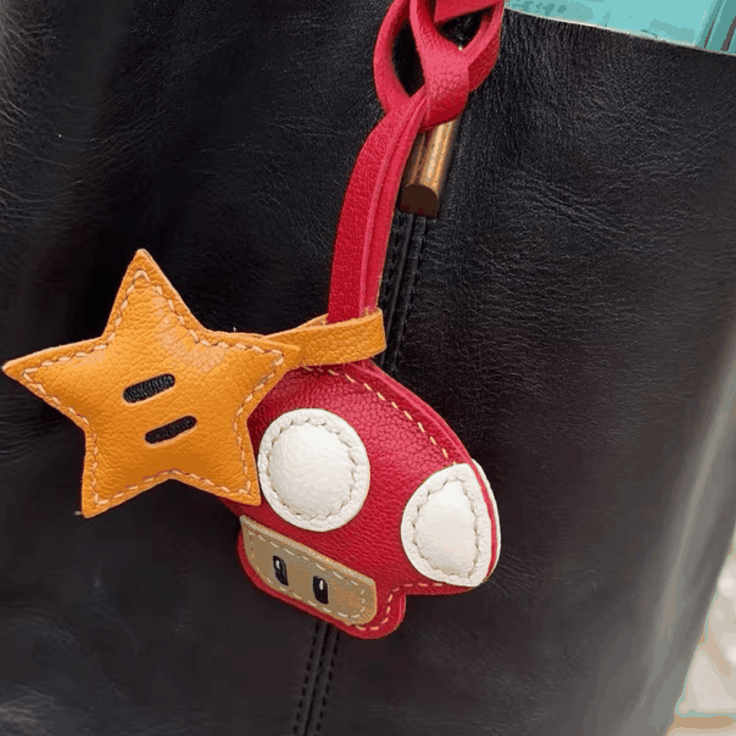 Leather Bag Charm - Red Retro Game Inspired Mushroom Keychain | WittyWilding