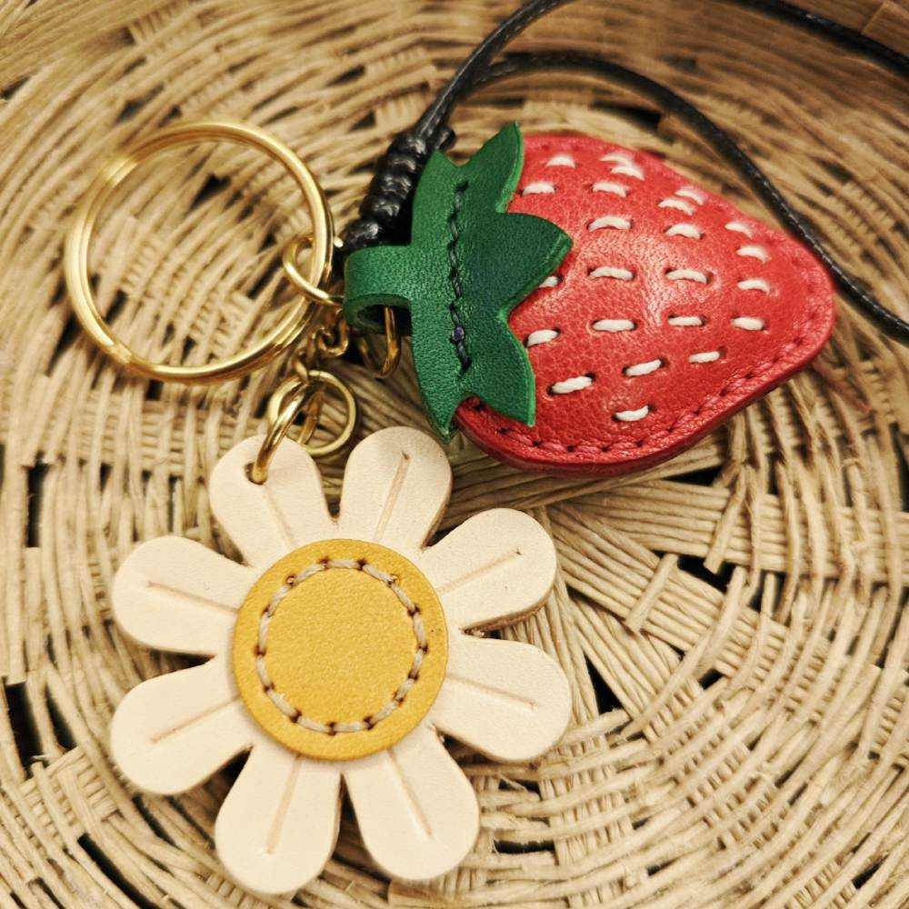 Fruit Leather Bag Charm - Strawberry with Daisy Flower Bookmark - Strawberry Keychain