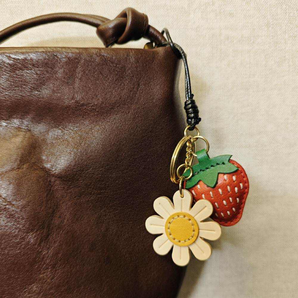 Fruit Leather Bag Charm - Strawberry with Daisy Flower Bookmark - Strawberry Keychain