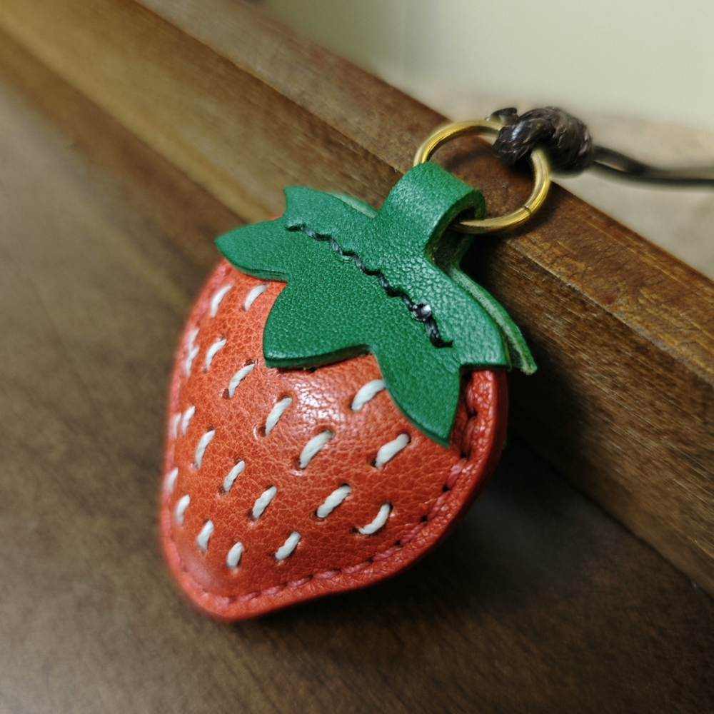 Fruit Leather Bag Charm - Strawberry with Daisy Flower Bookmark - Strawberry Keychain