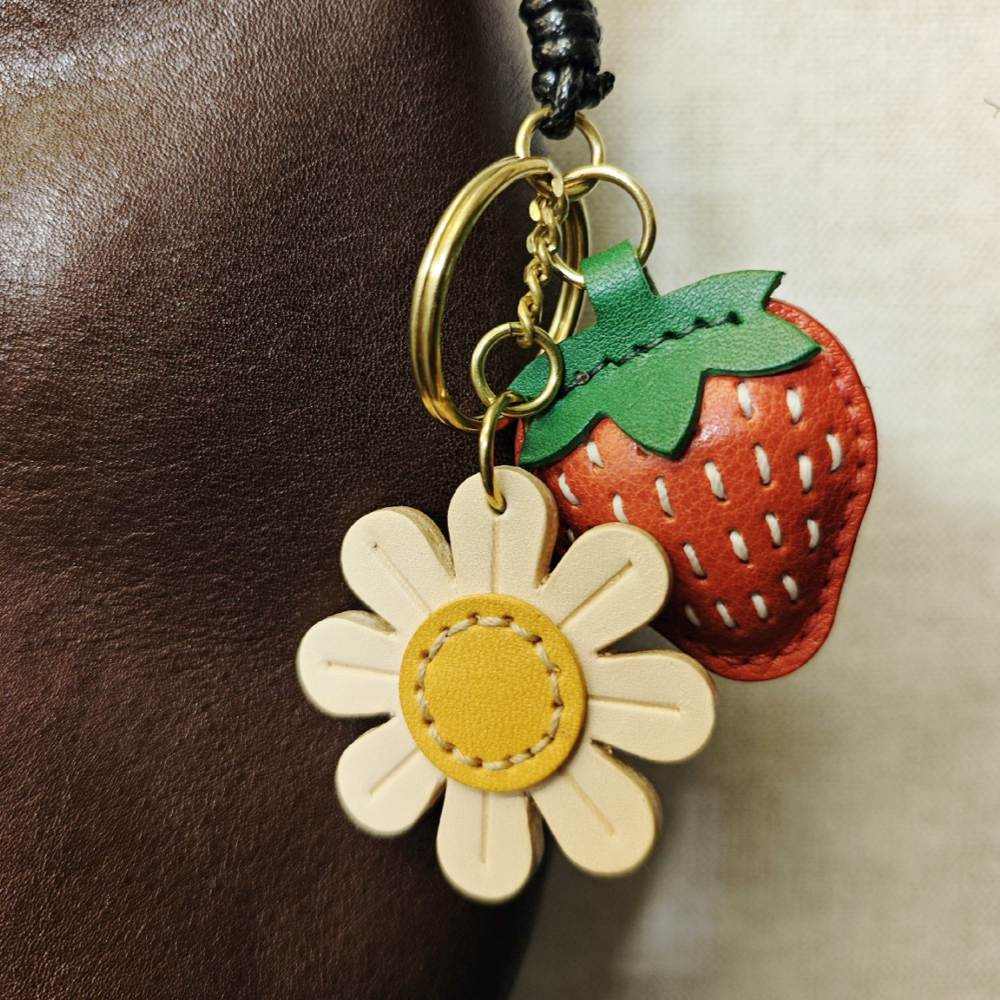 Fruit Leather Bag Charm - Strawberry with Daisy Flower Bookmark - Strawberry Keychain