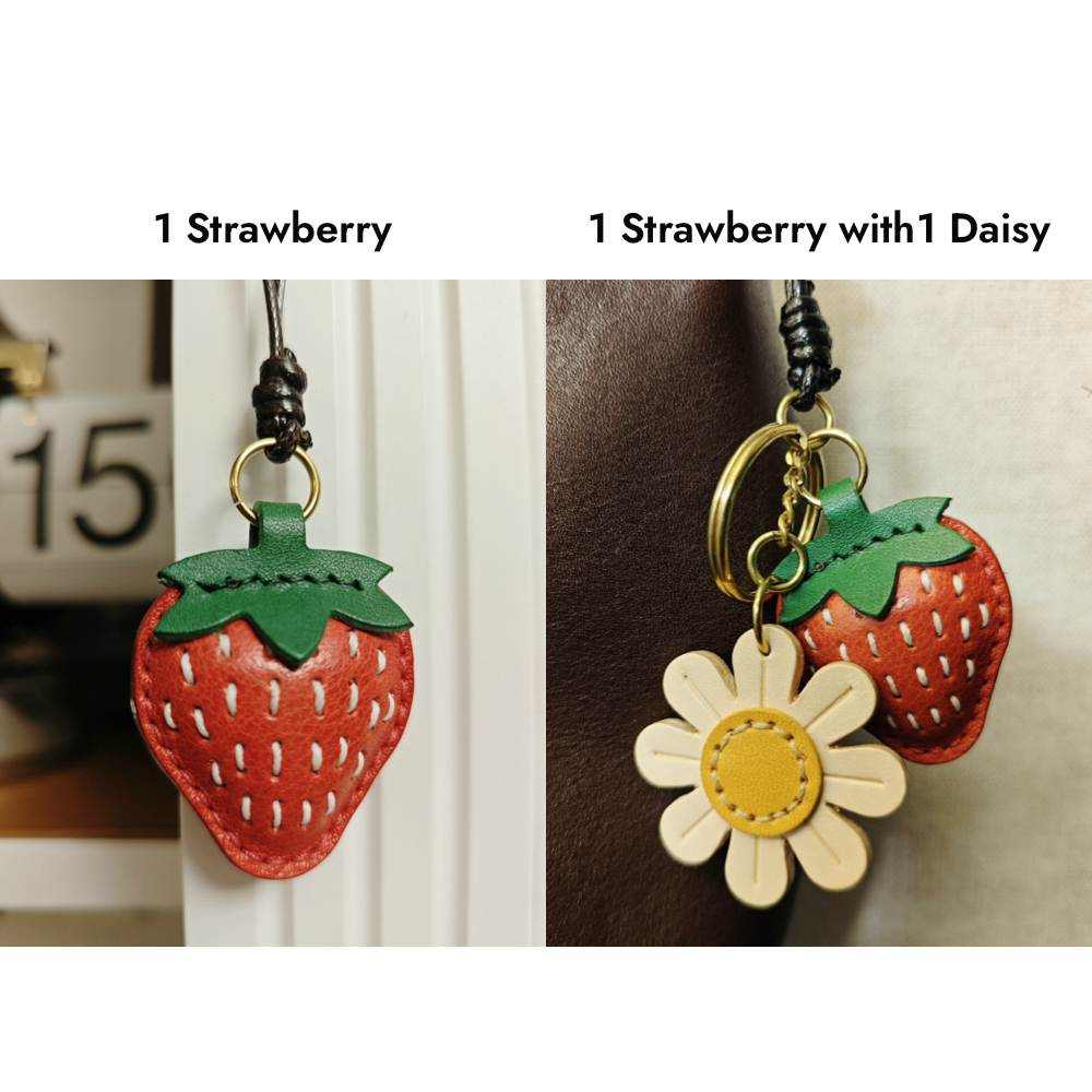 Fruit Leather Bag Charm - Strawberry with Daisy Flower Bookmark - Strawberry Keychain