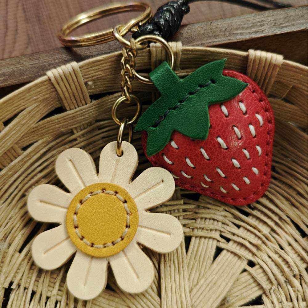 Fruit Leather Bag Charm - Strawberry with Daisy Flower Bookmark - Strawberry Keychain