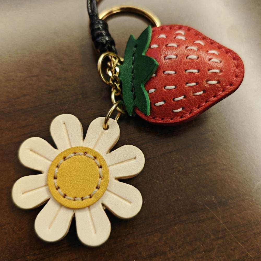 Fruit Leather Bag Charm - Strawberry with Daisy Flower Bookmark - Strawberry Keychain
