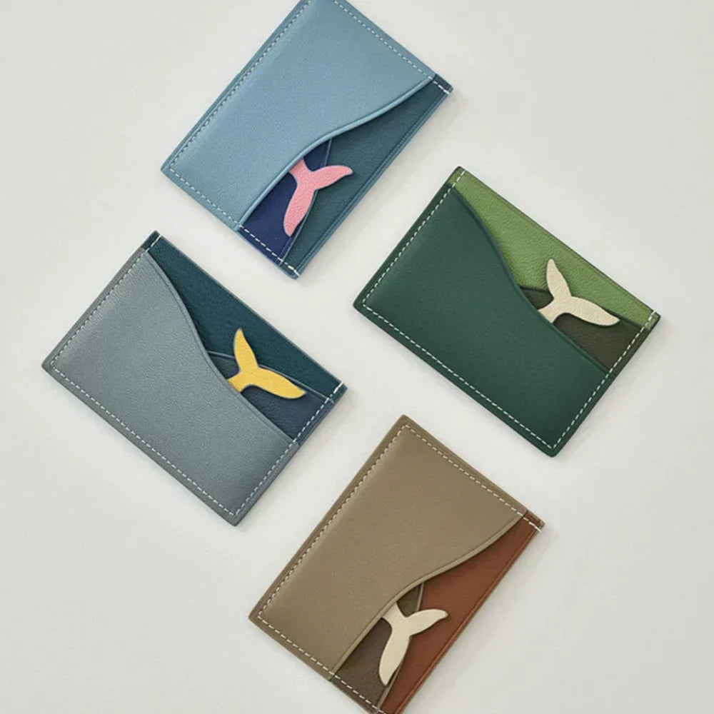 Whale-shaped leather cardholder wallet with wave texture – RFID Blocking Design