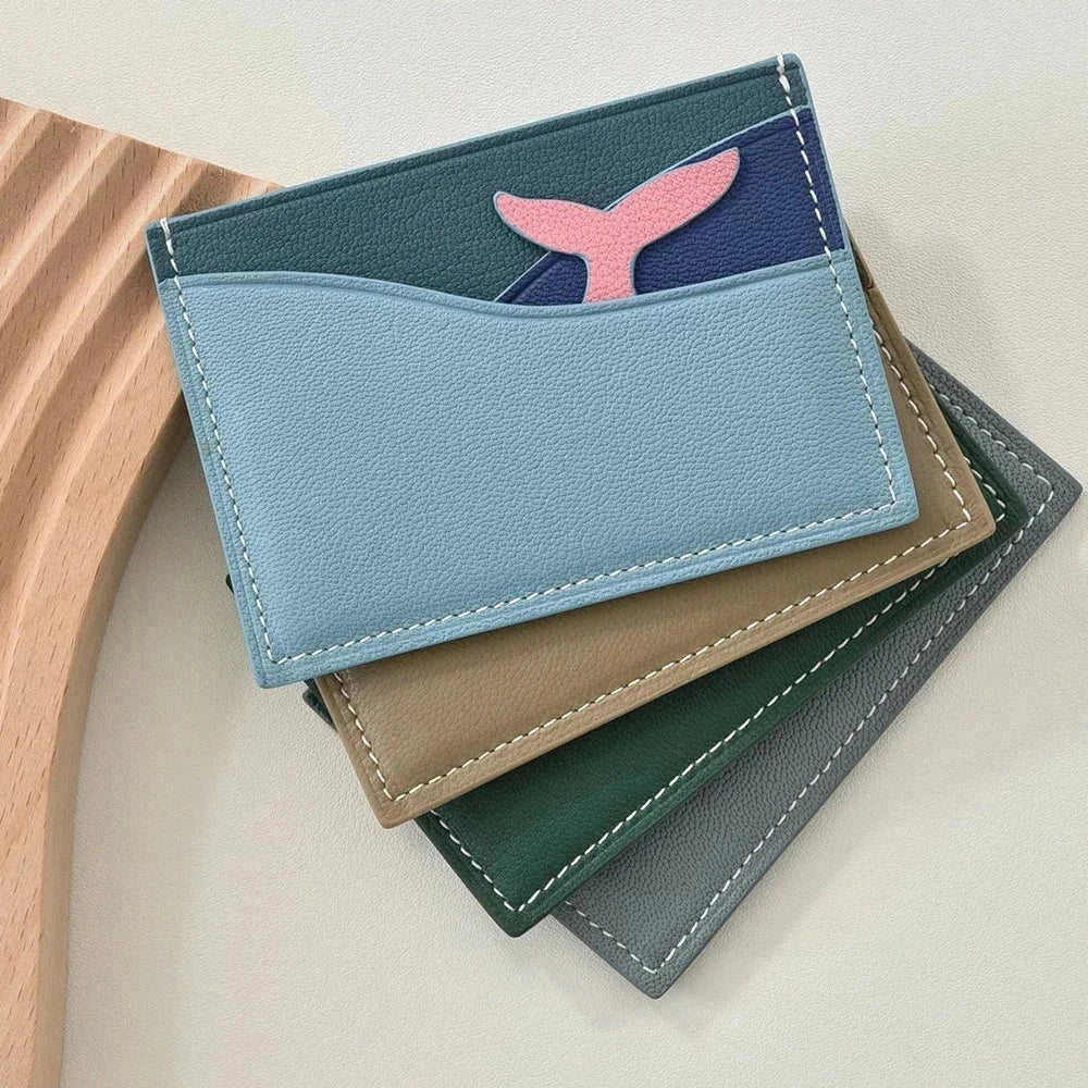 Whale-shaped leather cardholder wallet with wave texture – RFID Blocking Design