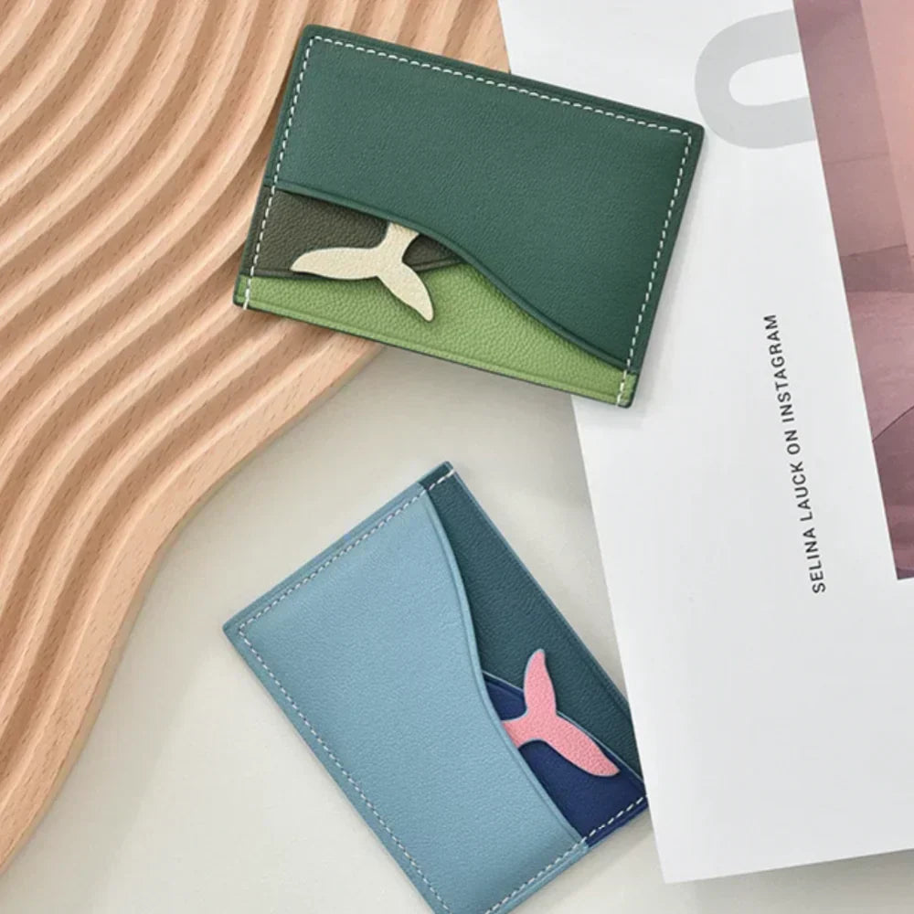 Whale-shaped leather cardholder wallet with wave texture – RFID Blocking Design