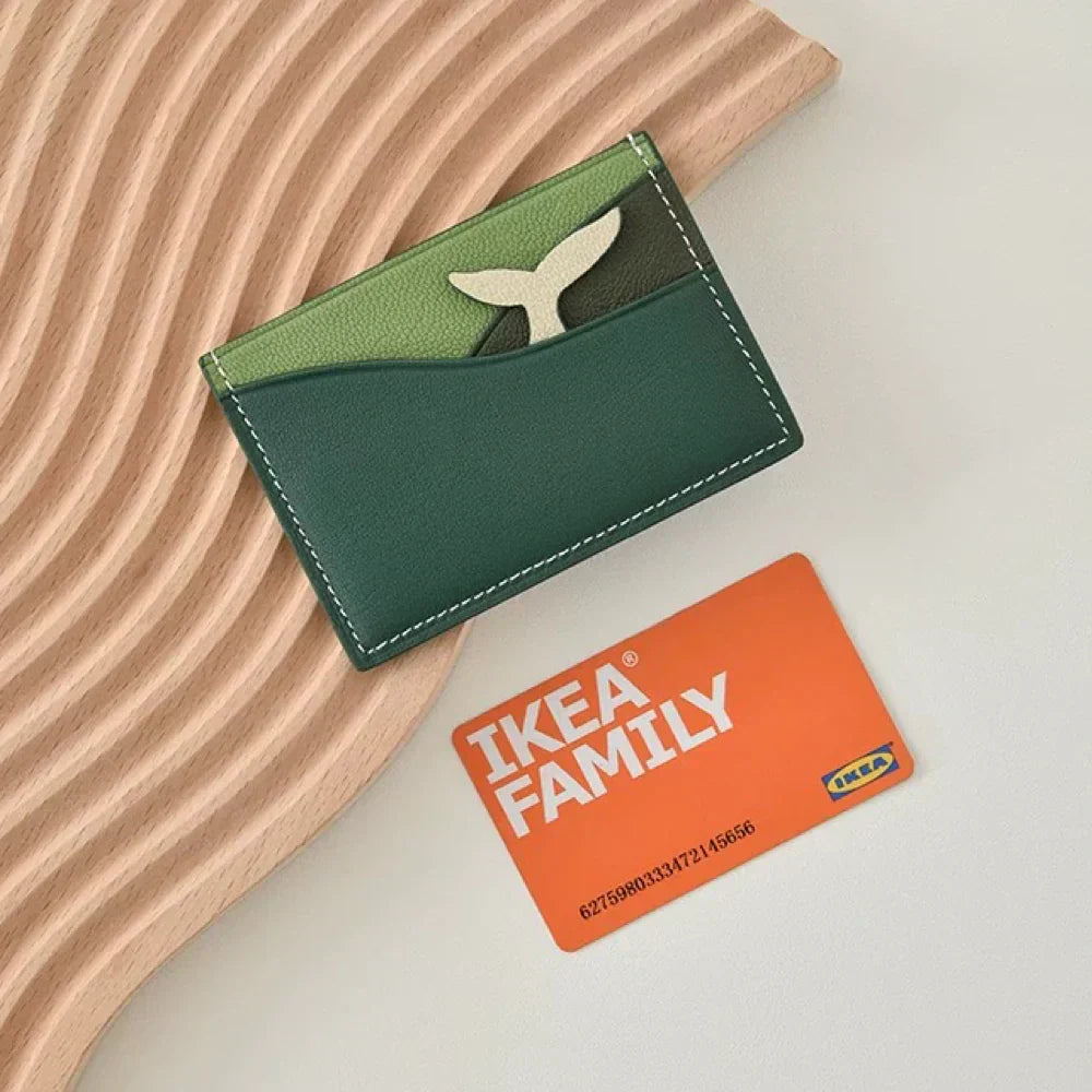 Whale-shaped green leather cardholder wallet with wave texture – RFID Blocking Design