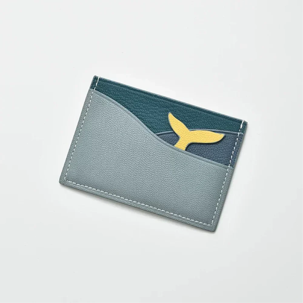 Whale-shaped gray leather cardholder wallet with wave texture – RFID Blocking Design