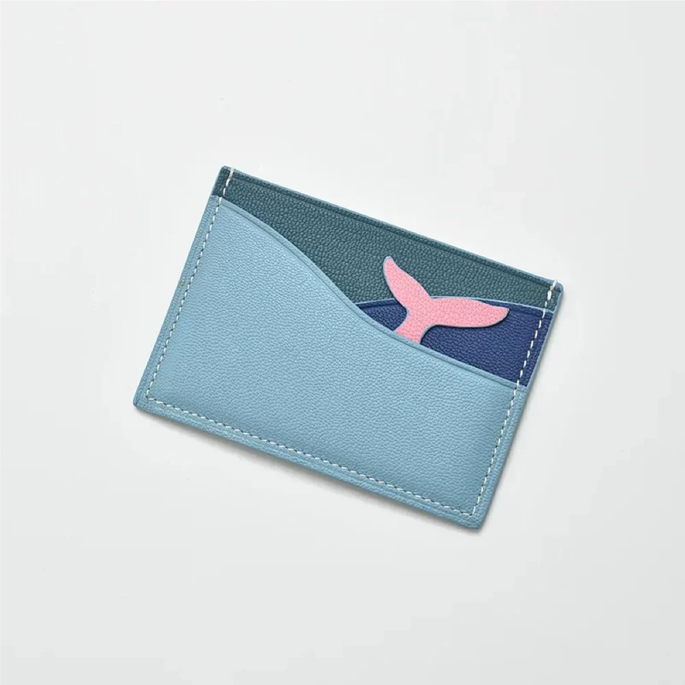 Whale-shaped blue leather cardholder wallet with wave texture – RFID Blocking Design