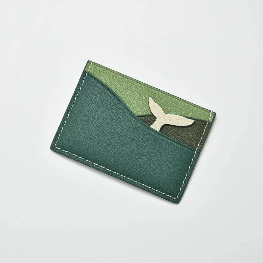 Whale-shaped green leather cardholder wallet with wave texture – RFID Blocking Design