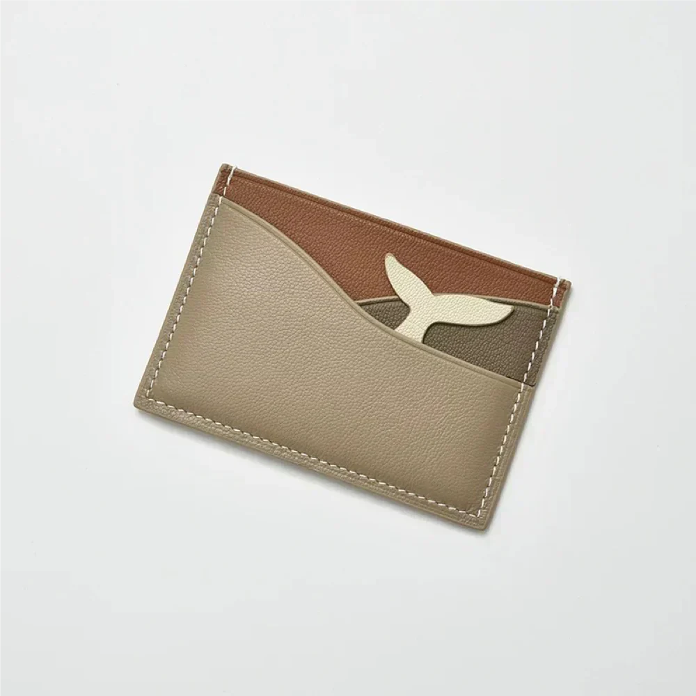 Whale-shaped taupe leather cardholder wallet with wave texture – RFID Blocking Design