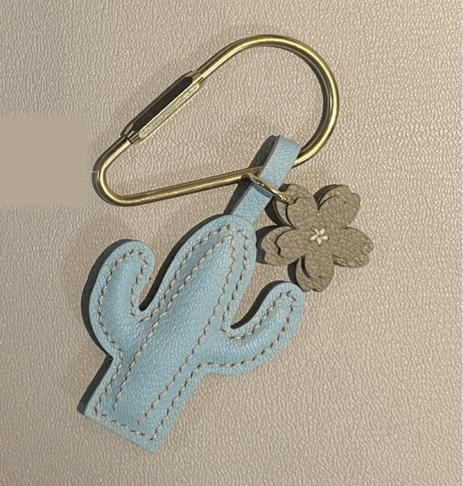 Leather Bag Charm - Handmade Blue Desert Cactus Keychain | WittyWilding