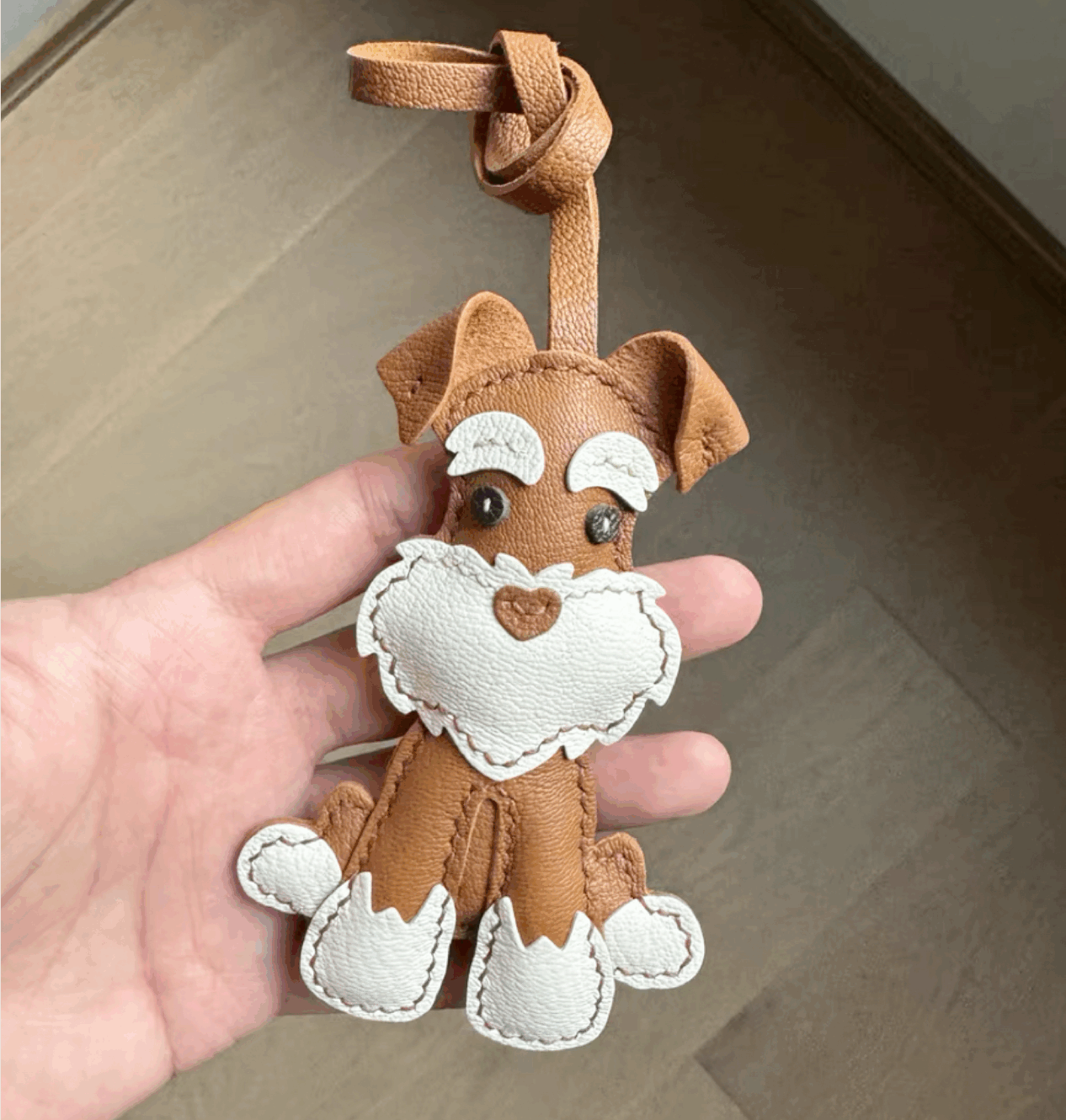 Dog keychain - Brown Lambskin leather Schnauzer Puppy Charm |WittyWilding