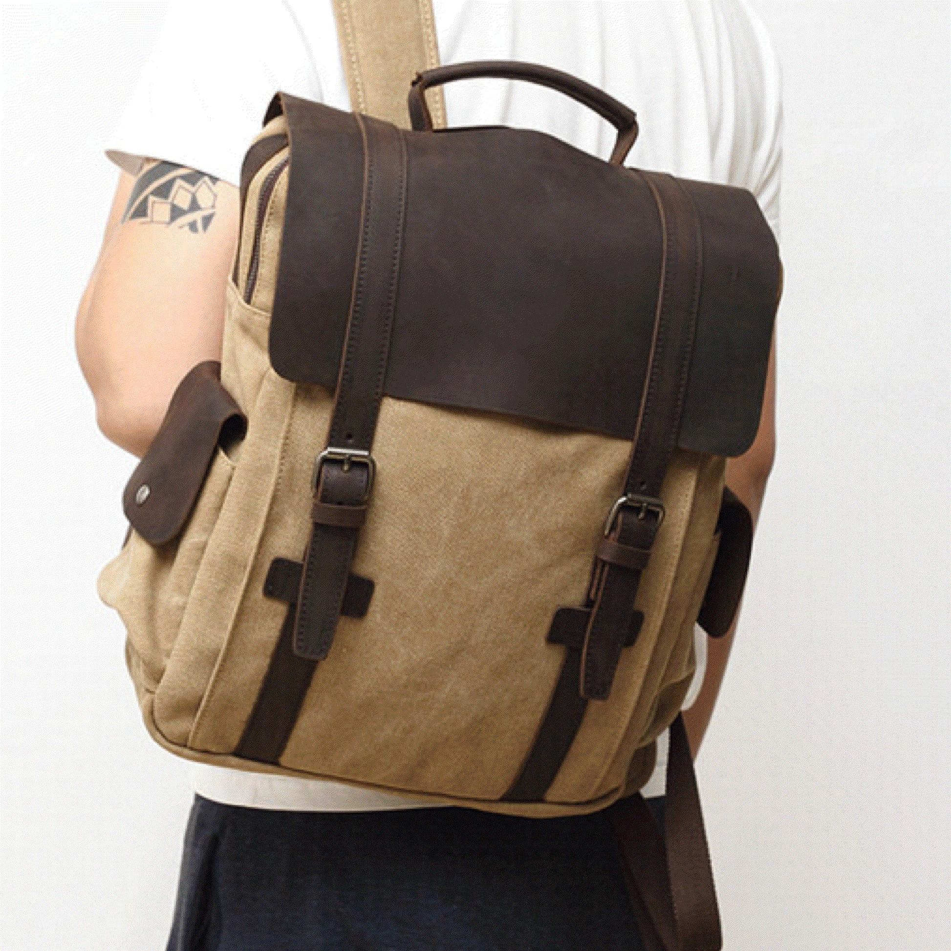 Leather Travel Backpack - Crazy Horse Leather Vintage Canvas Backpack