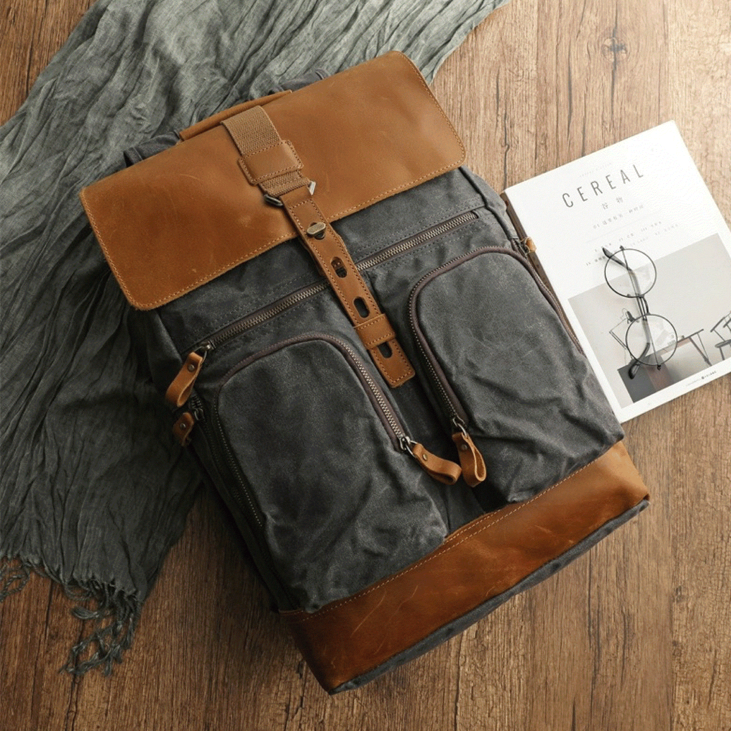 Leather Travel Backpack - Crazy Horse Leather Vintage Canvas Backpack