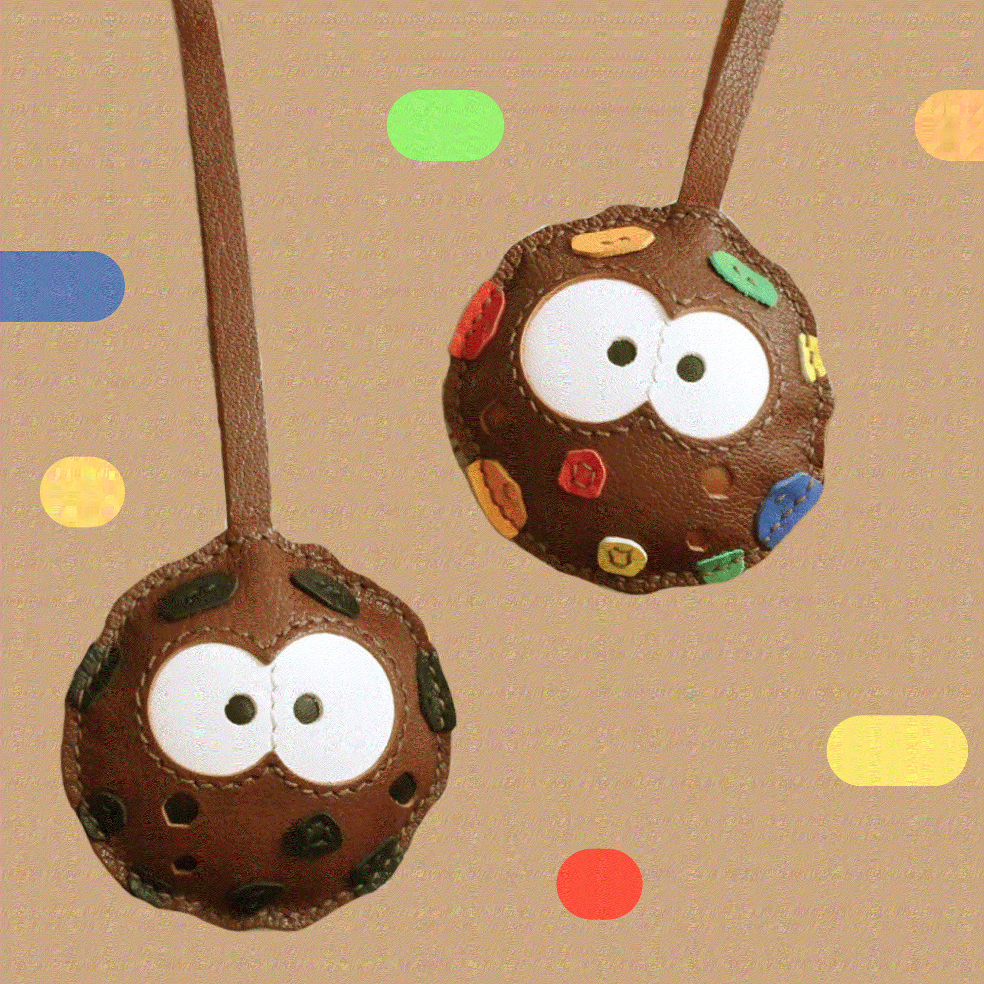 Leather Bag Charm – Cookie, Chocolate Ball Keychain, Fun Food Pendant