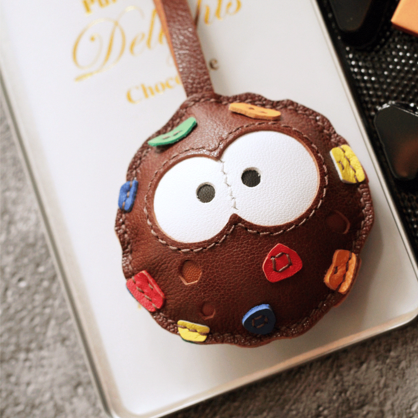 Leather Bag Charm – Cookie, Chocolate Ball Keychain, Fun Food Pendant