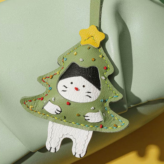 Leather Bag Charm - Christmas Tree Pendant Cute Cat Keychain