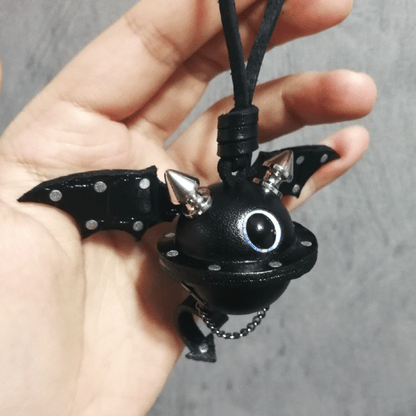 Leather Bag Charm – Fantasy Monster Eye / Demon Bell Keychain - Black