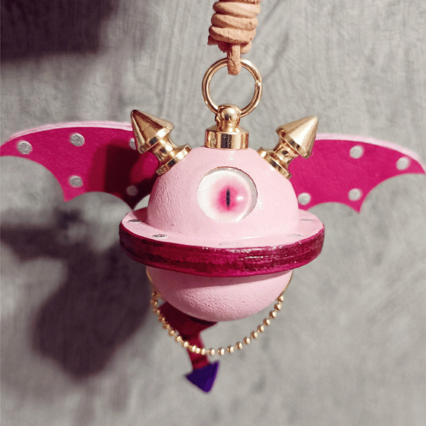 Leather Bag Charm – Fantasy Monster Eye / Demon Bell Keychain - Pink