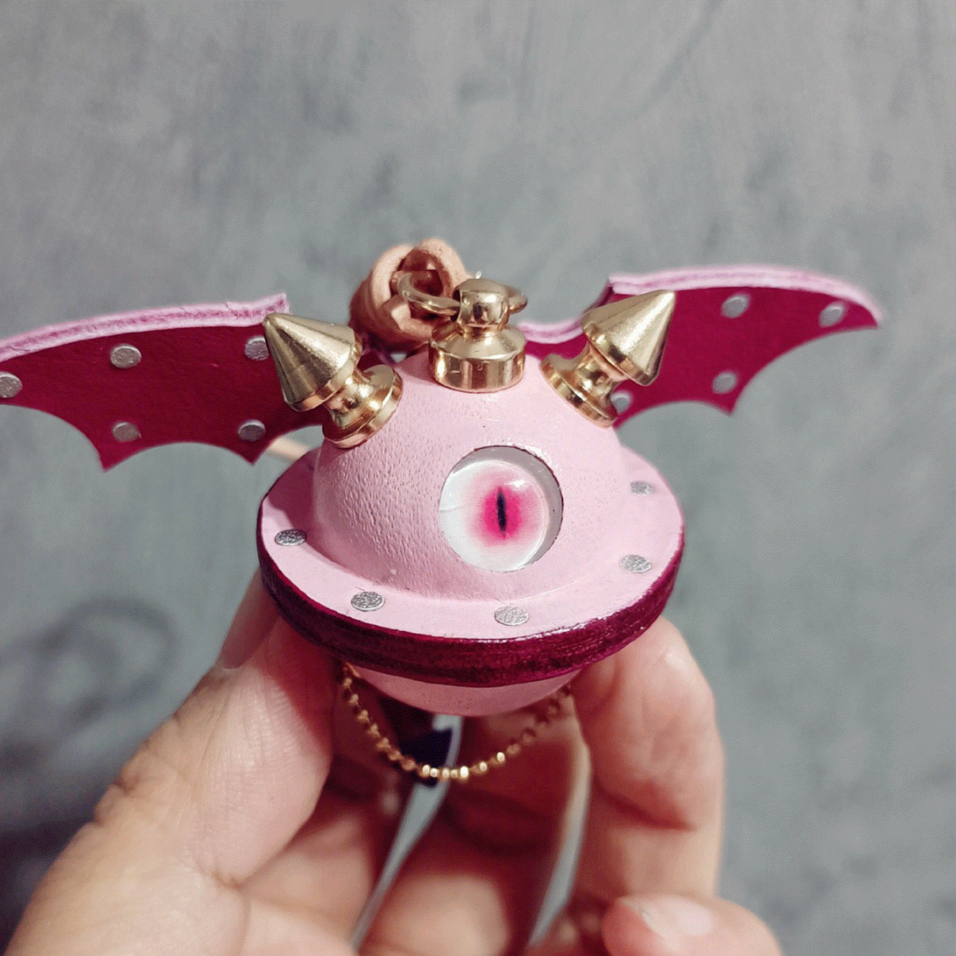 Leather Bag Charm – Fantasy Monster Eye / Demon Bell Keychain - Pink