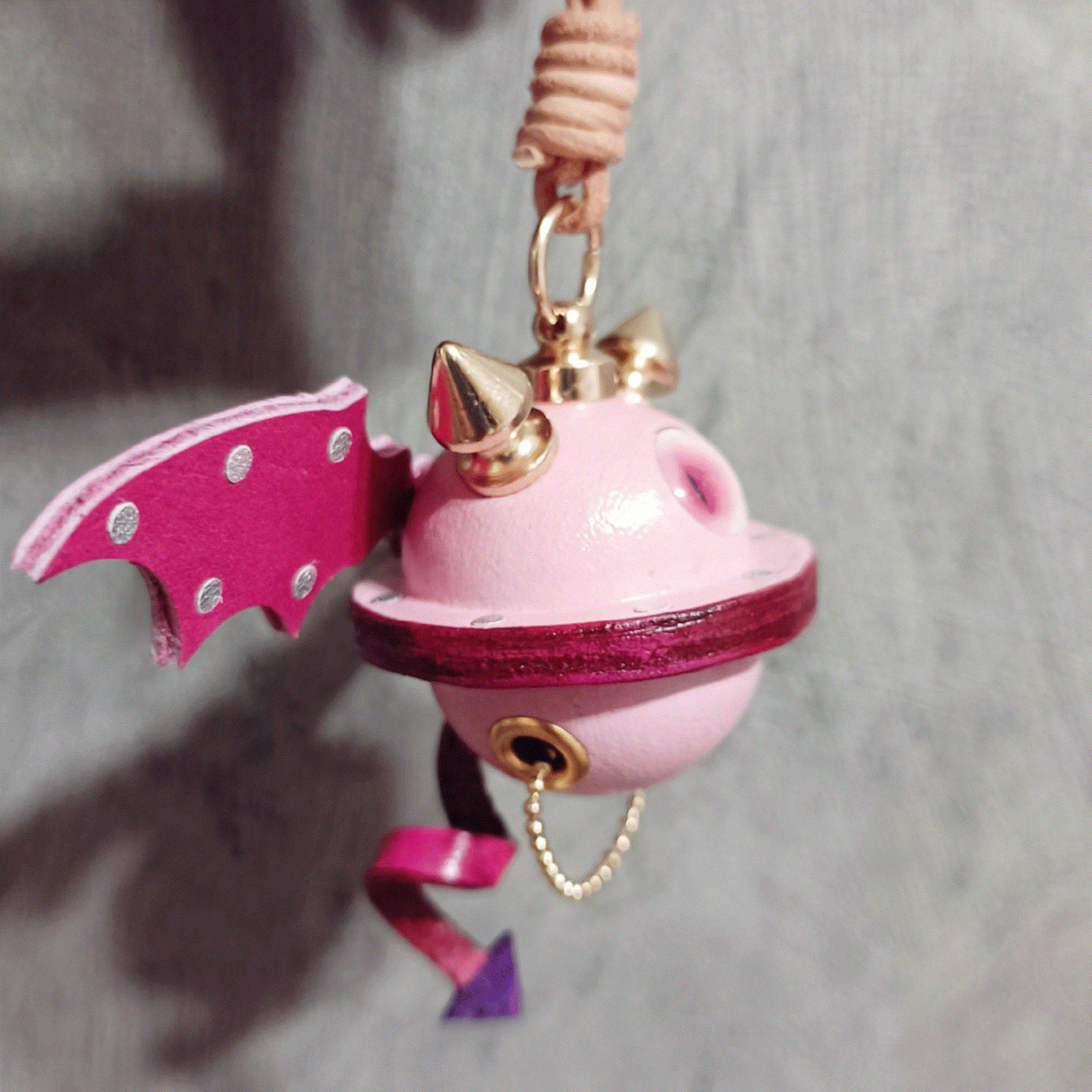 Leather Bag Charm – Fantasy Monster Eye / Demon Bell Keychain - Pink