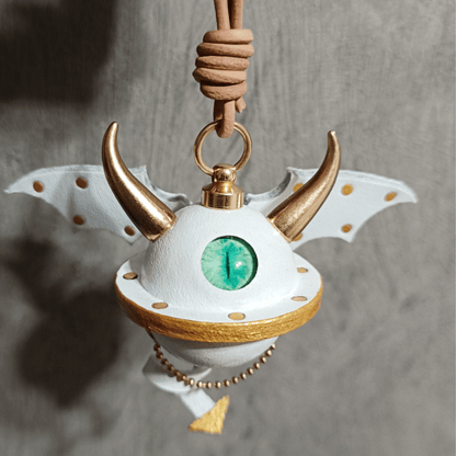 Leather Bag Charm – Fantasy Monster Eye / Demon Bell Keychain - White