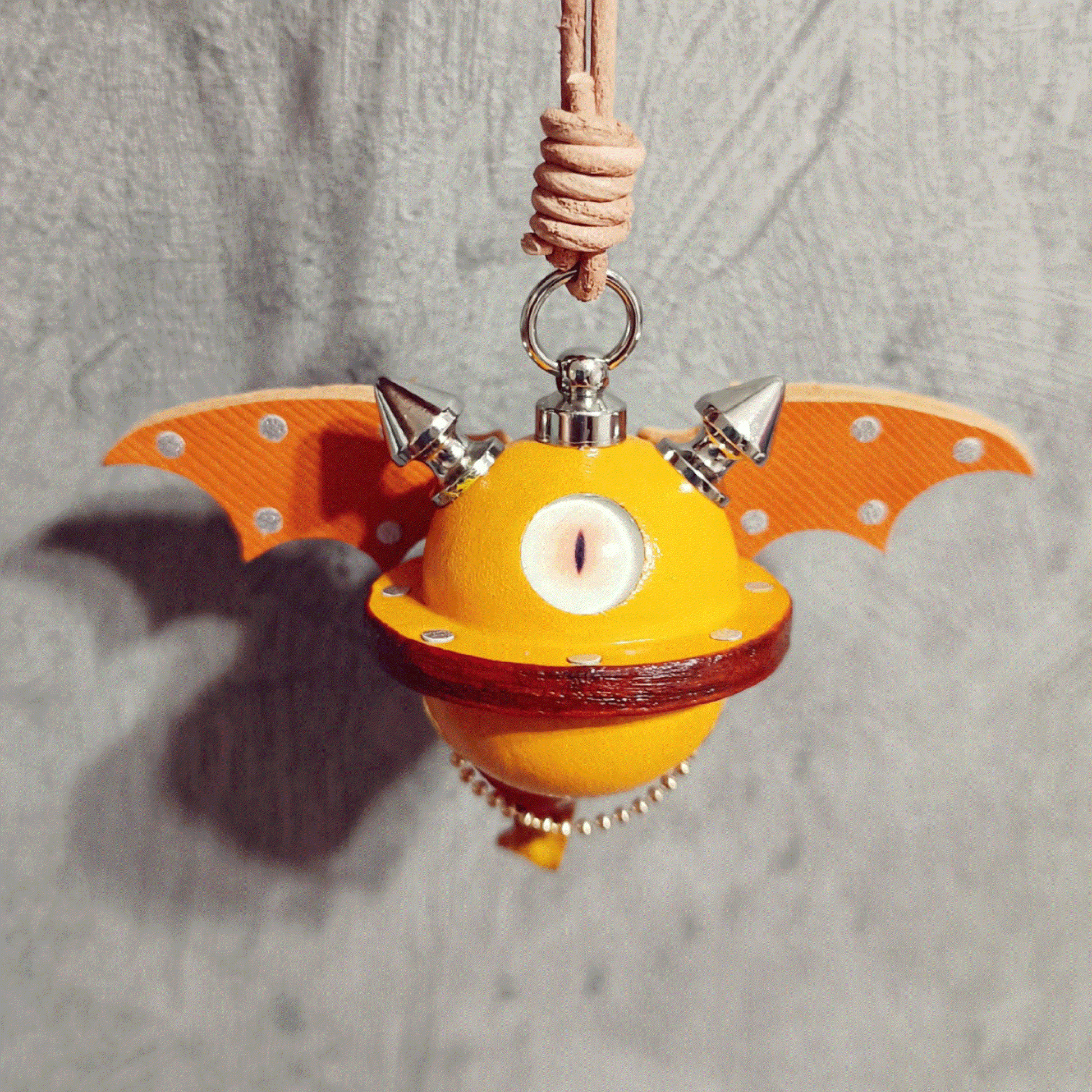 Leather Bag Charm – Fantasy Monster Eye / Demon Bell Keychain - Orange