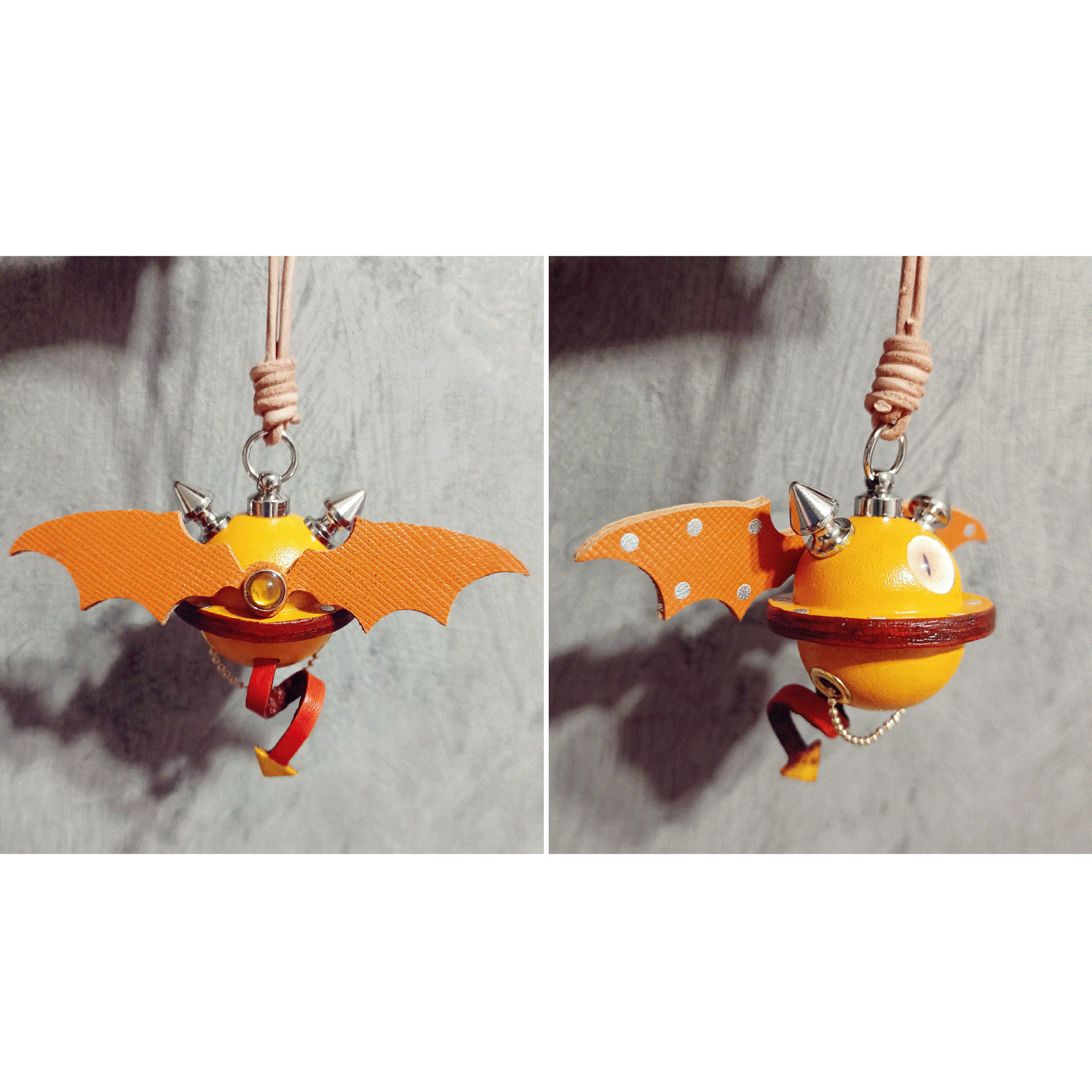 Leather Bag Charm – Fantasy Monster Eye / Demon Bell Keychain - Orange