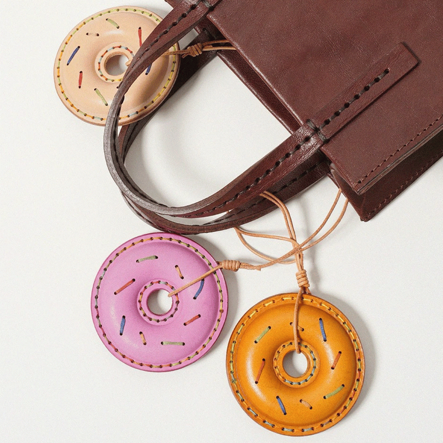 Leather Bag Charm - Doughnut Charm, Fun Food Keychain