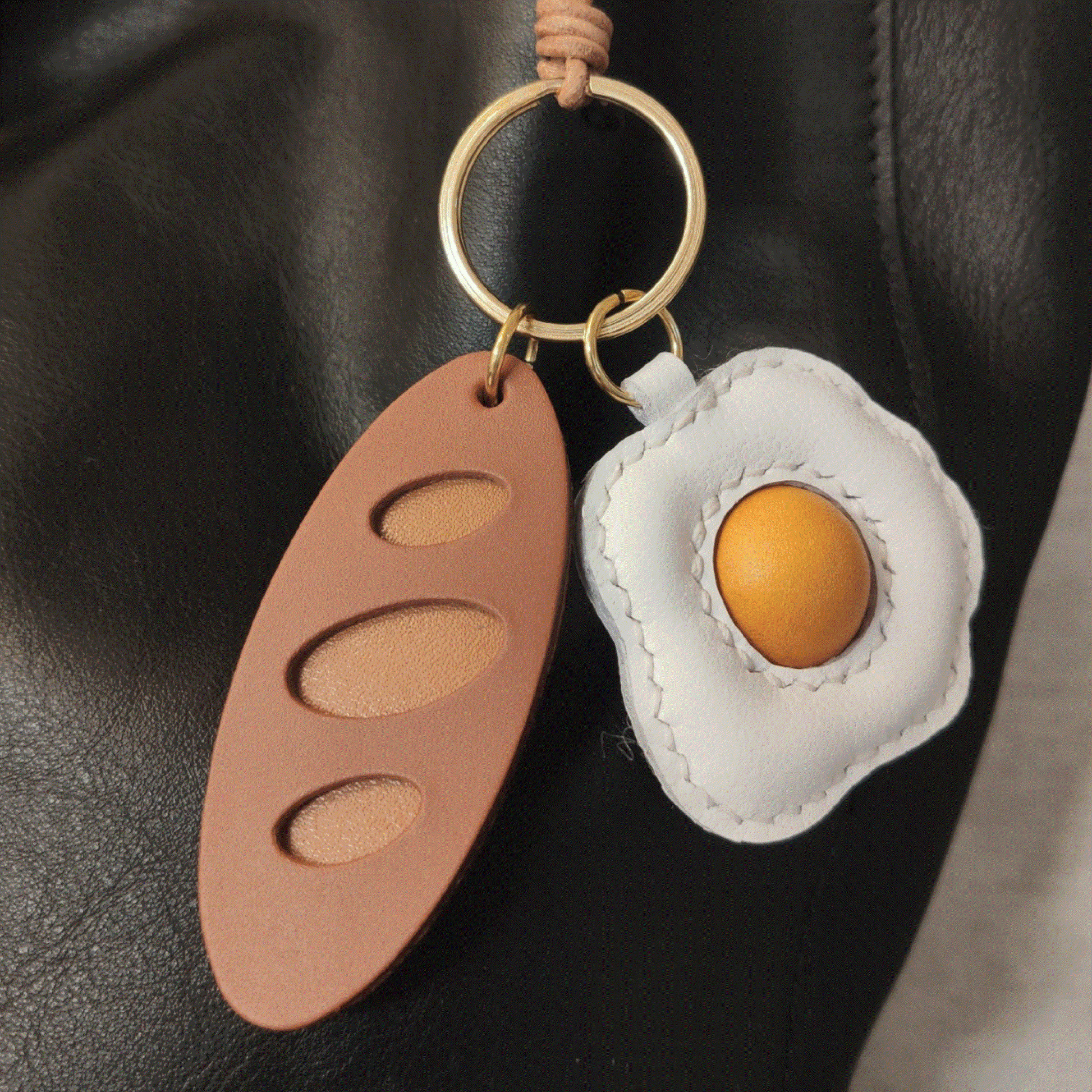 Leather Bag Charm - Fried Egg Keychain Baguette Pendant Fun Food Charm