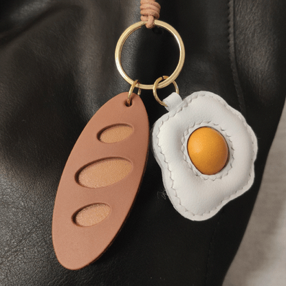 Leather Bag Charm - Fried Egg Keychain Baguette Pendant Fun Food Charm