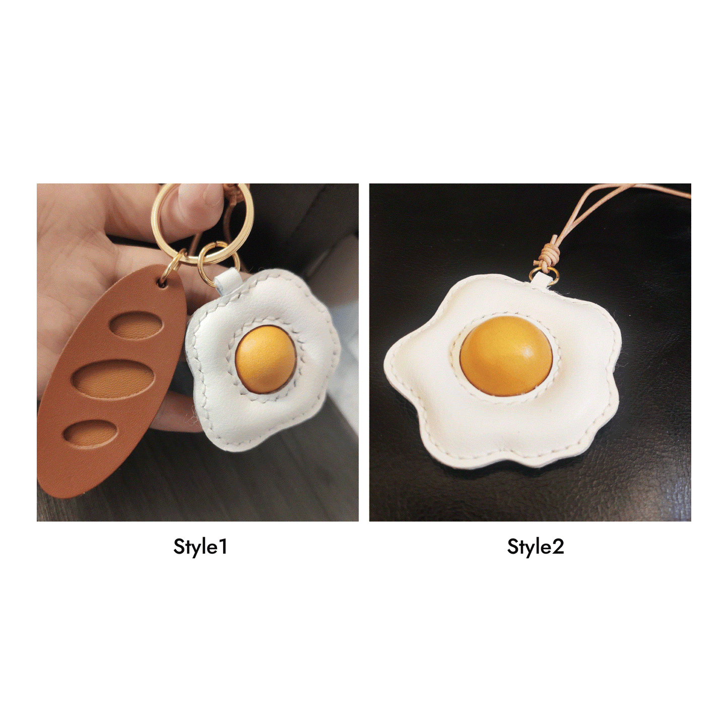 Leather Bag Charm - Fried Egg Keychain Baguette Pendant Fun Food Charm