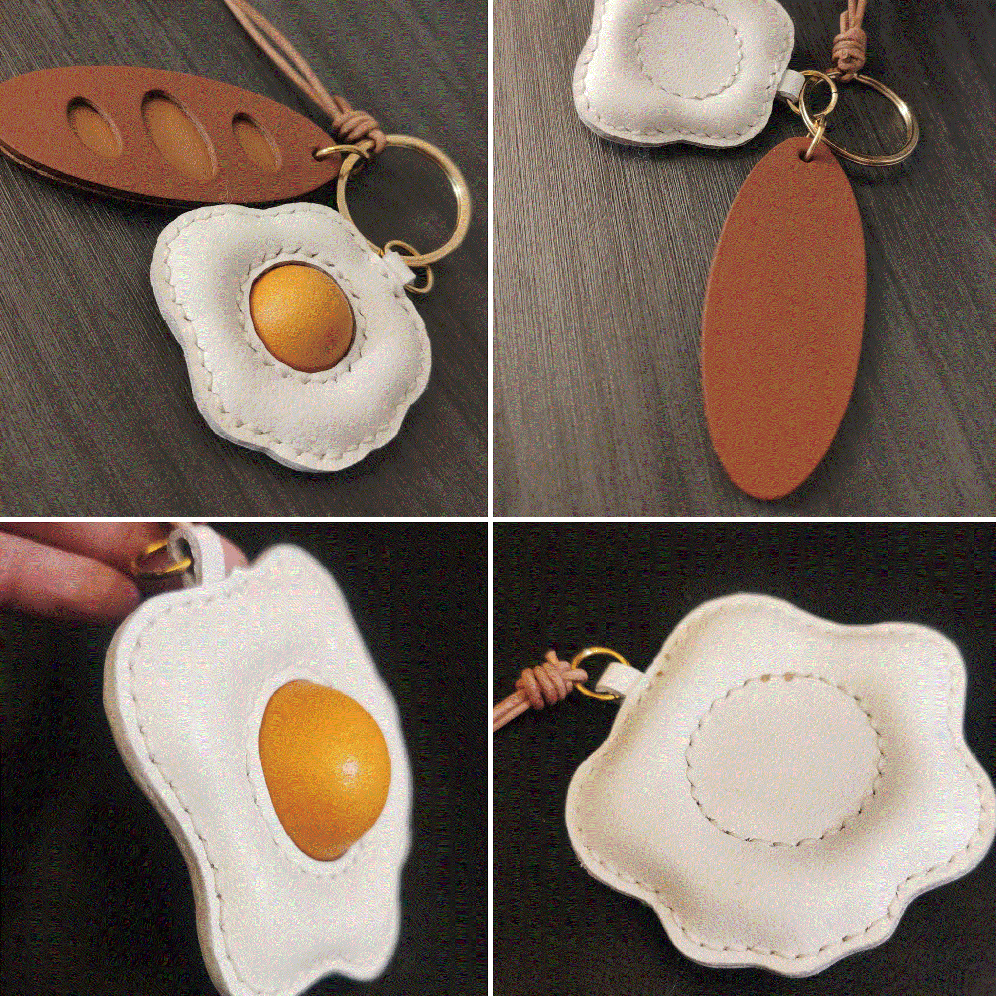 Leather Bag Charm - Fried Egg Keychain Baguette Pendant Fun Food Charm