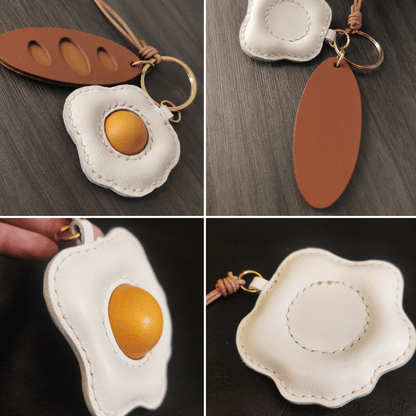 Leather Bag Charm - Fried Egg Keychain Baguette Pendant Fun Food Charm