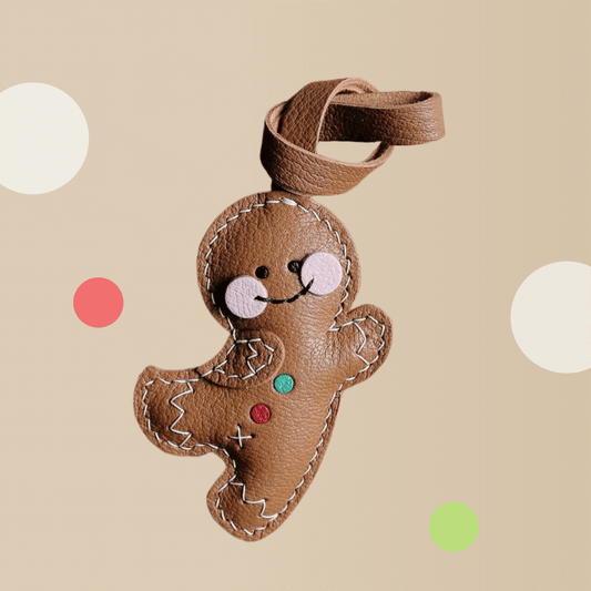 Leather Bag Charm - Gingerbread Man, Christmas Ornament Keychain