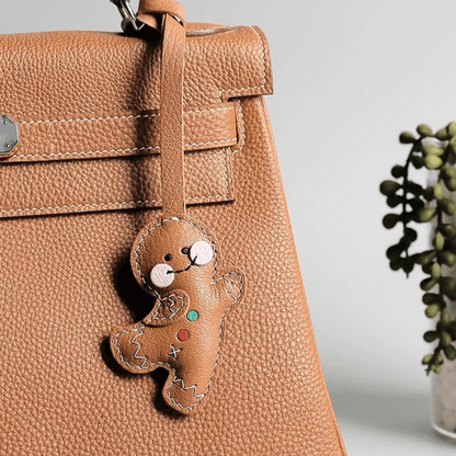 Leather Bag Charm - Gingerbread Man, Christmas Ornament Keychain