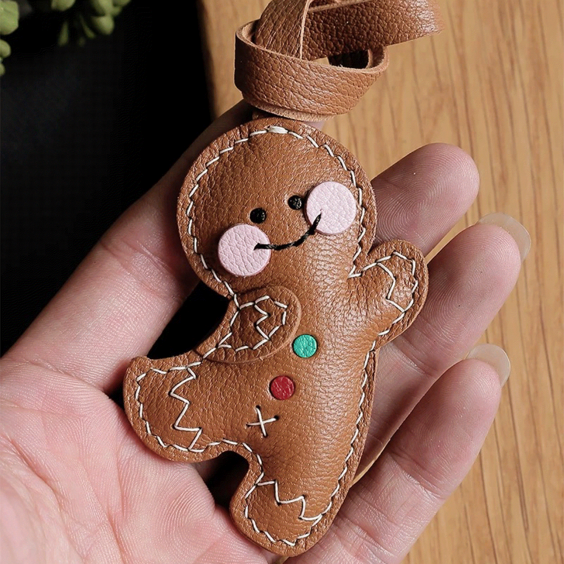 Leather Bag Charm - Gingerbread Man, Christmas Ornament Keychain